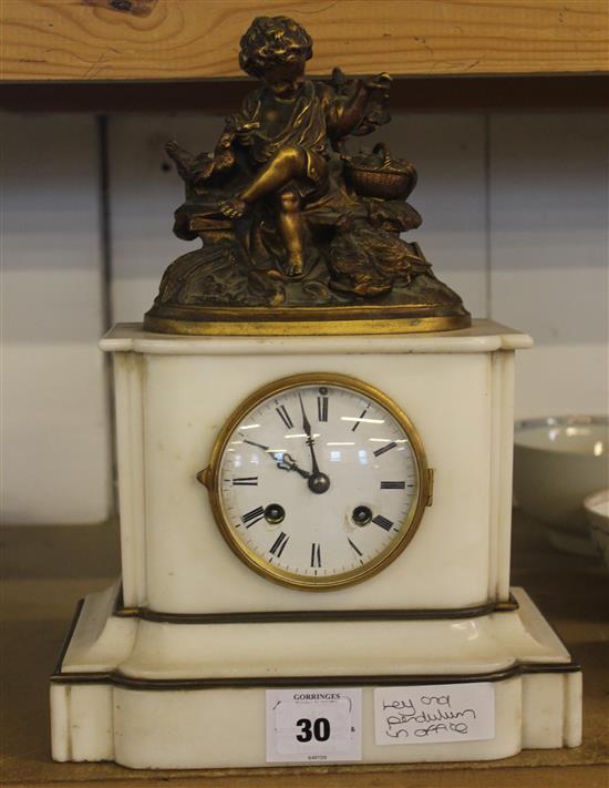 19C French gilt bronze & white marble mantel clock, with figural surmount of a child feeding poultry